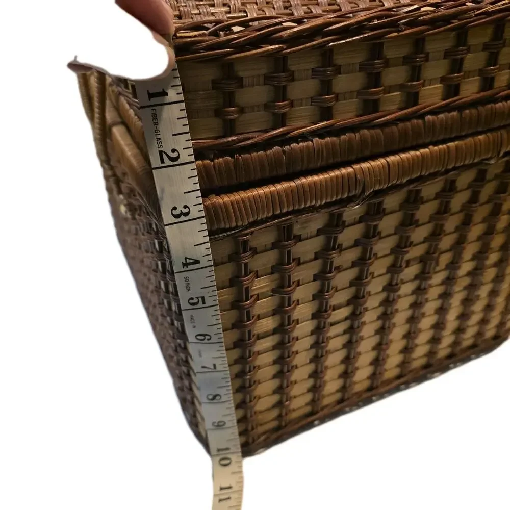 Vintage Wicker Picnic Basket w Lid Handles Red Gingham Liner 2 Woven Plates 12